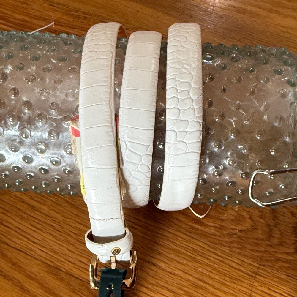 Lauren Ralph Lauren White Italian Leather Croc Embossed Skinny Belt Gold Buckle